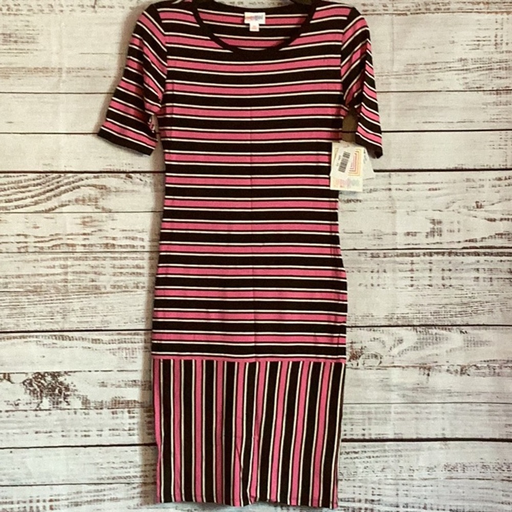 XS Lularoe Julia pink black and white stripes